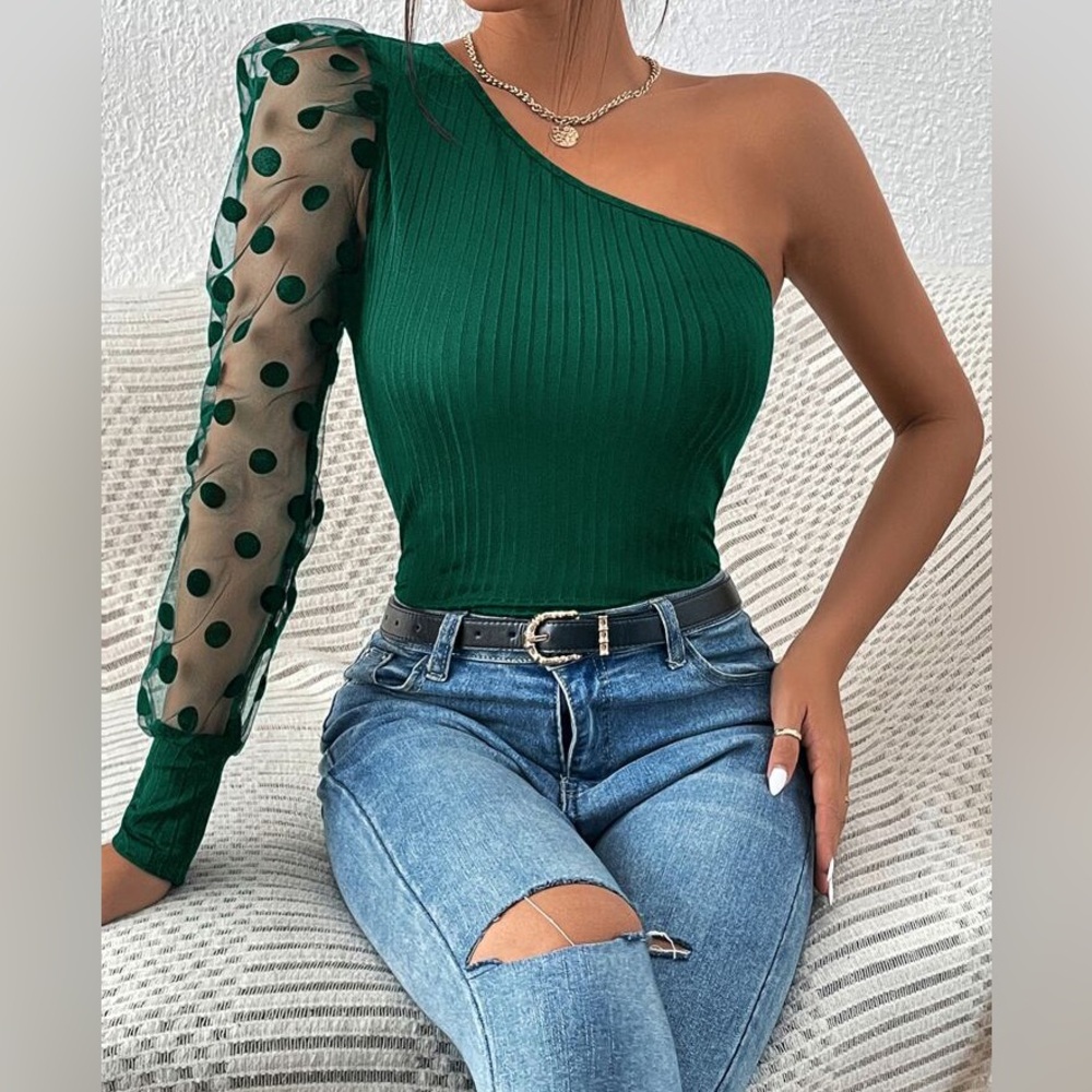 Emerald Green Polka Dot Mesh Blouse - Picture 3 of 6